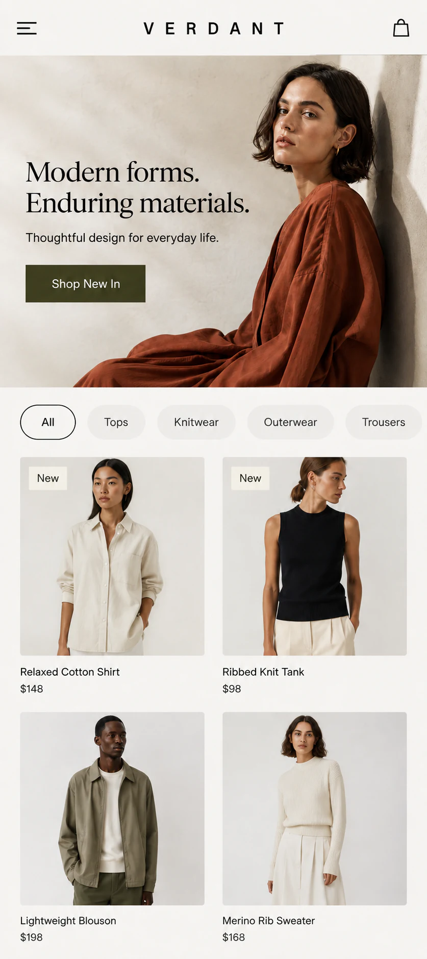 Mobile browser view of Editorial fashion storefront