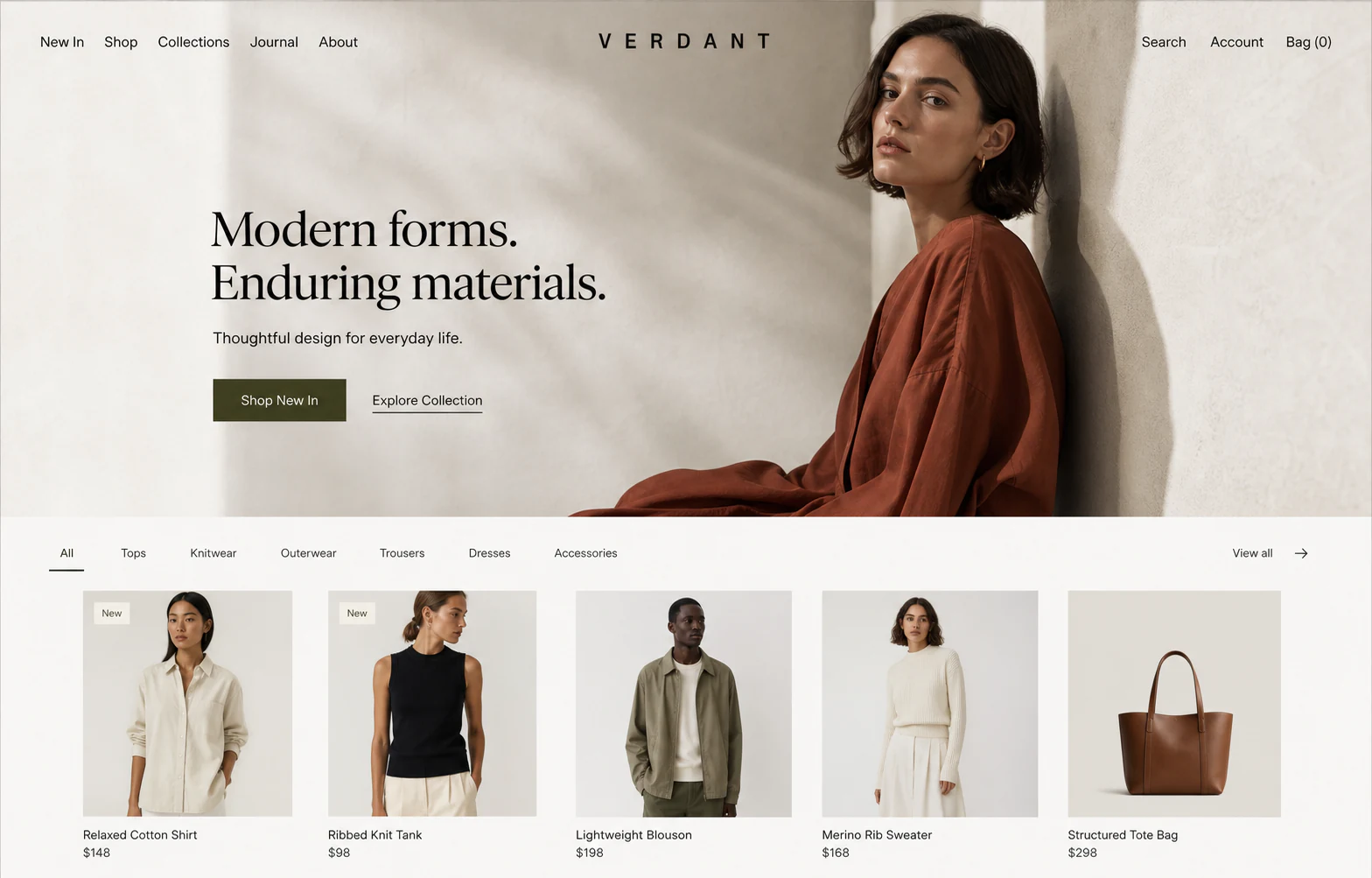 Editorial fashion ecommerce website with a hero campaign and product collection grid